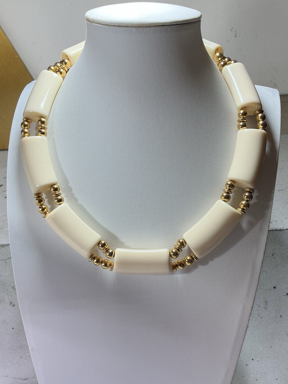 Trifari Vintage Ivory Lucite Bead Necklace Gold Tone Signed Choker Statement